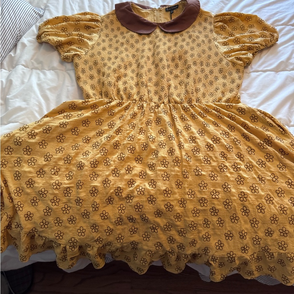 Yellow Floral Asymmetrical Dress with Peter Pan Collar - honey/bumble bee vibes